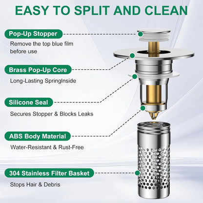 Bathroom Sink Stopper Hair Catcher, Pop-Up Sink Drain Strainer with Removable 304 Stainless Steel Strainer Basket Hair Catcher