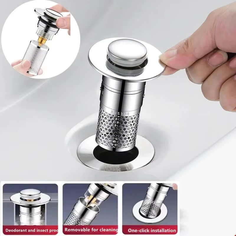 Bathroom Sink Stopper Hair Catcher, Pop-Up Sink Drain Strainer with Removable 304 Stainless Steel Strainer Basket Hair Catcher