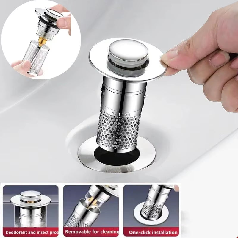 Bathroom Sink Stopper Hair Catcher, Pop-Up Sink Drain Strainer with Removable 304 Stainless Steel Strainer Basket Hair Catcher