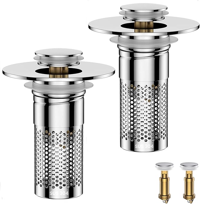 Bathroom Sink Stopper Hair Catcher, Pop-Up Sink Drain Strainer with Removable 304 Stainless Steel Strainer Basket Hair Catcher