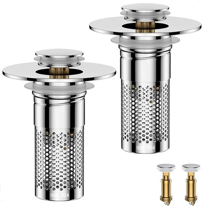 Bathroom Sink Stopper Hair Catcher, Pop-Up Sink Drain Strainer with Removable 304 Stainless Steel Strainer Basket Hair Catcher