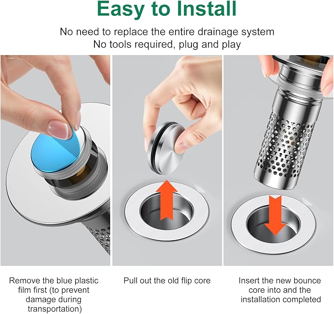 Bathroom Sink Stopper Hair Catcher, Pop-Up Sink Drain Strainer with Removable 304 Stainless Steel Strainer Basket Hair Catcher