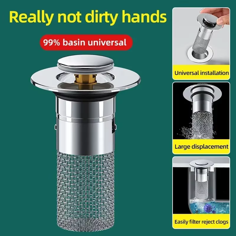 Bathroom Sink Stopper Hair Catcher, Pop-Up Sink Drain Strainer with Removable 304 Stainless Steel Strainer Basket Hair Catcher