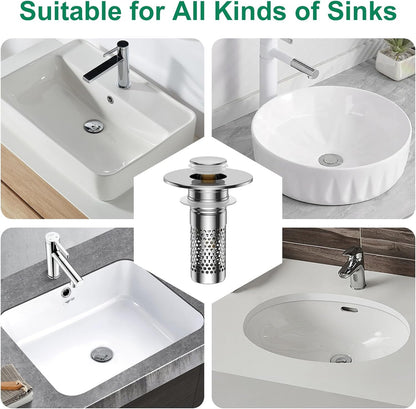 Bathroom Sink Stopper Hair Catcher, Pop-Up Sink Drain Strainer with Removable 304 Stainless Steel Strainer Basket Hair Catcher