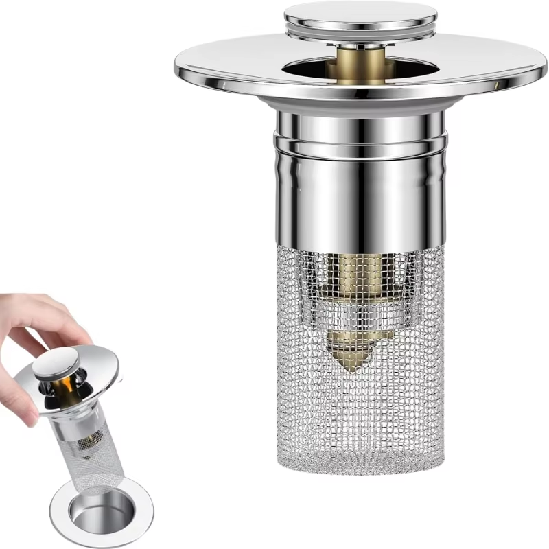 Bathroom Sink Stopper Hair Catcher, Pop-Up Sink Drain Strainer with Removable 304 Stainless Steel Strainer Basket Hair Catcher