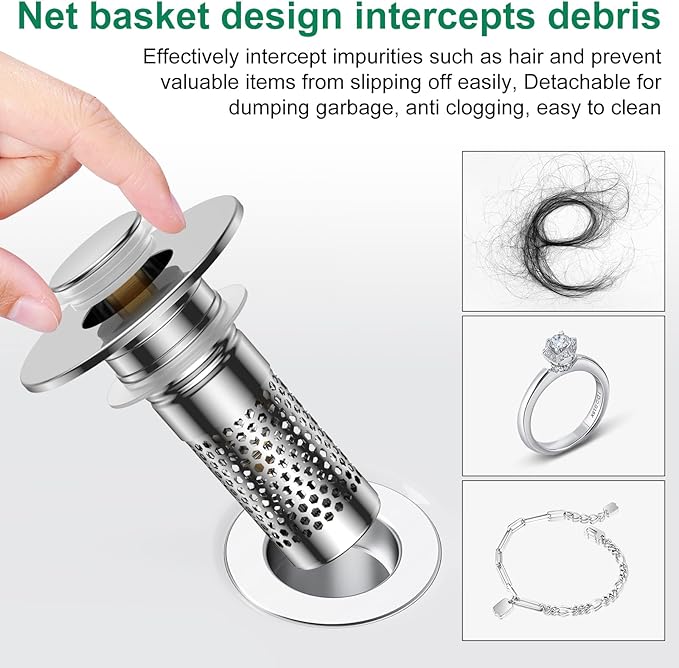 Bathroom Sink Stopper Hair Catcher, Pop-Up Sink Drain Strainer with Removable 304 Stainless Steel Strainer Basket Hair Catcher