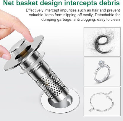 Bathroom Sink Stopper Hair Catcher, Pop-Up Sink Drain Strainer with Removable 304 Stainless Steel Strainer Basket Hair Catcher