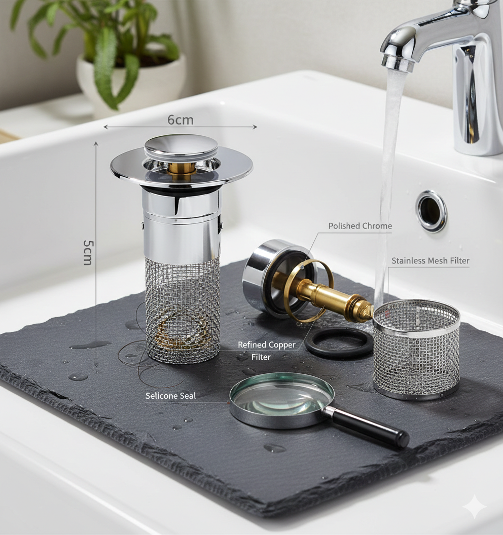 Bathroom Sink Stopper Hair Catcher, Pop-Up Sink Drain Strainer with Removable 304 Stainless Steel Strainer Basket Hair Catcher