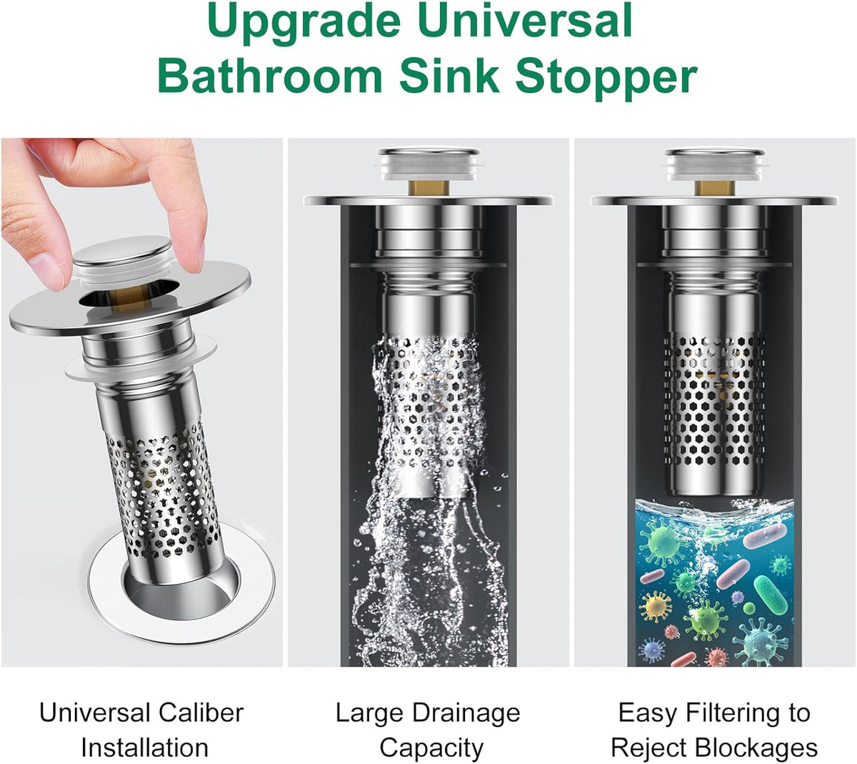 Bathroom Sink Stopper Hair Catcher, Pop-Up Sink Drain Strainer with Removable 304 Stainless Steel Strainer Basket Hair Catcher